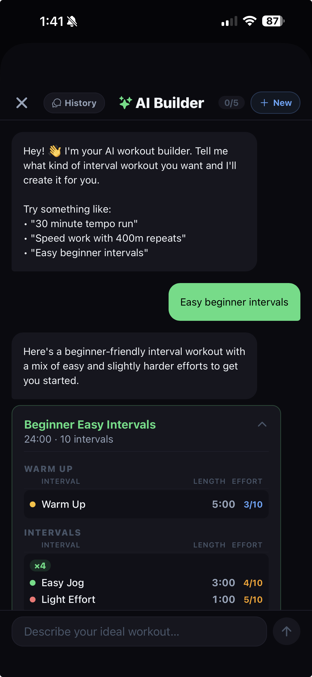 SplitCue AI workout builder generating a beginner interval workout from a natural language prompt