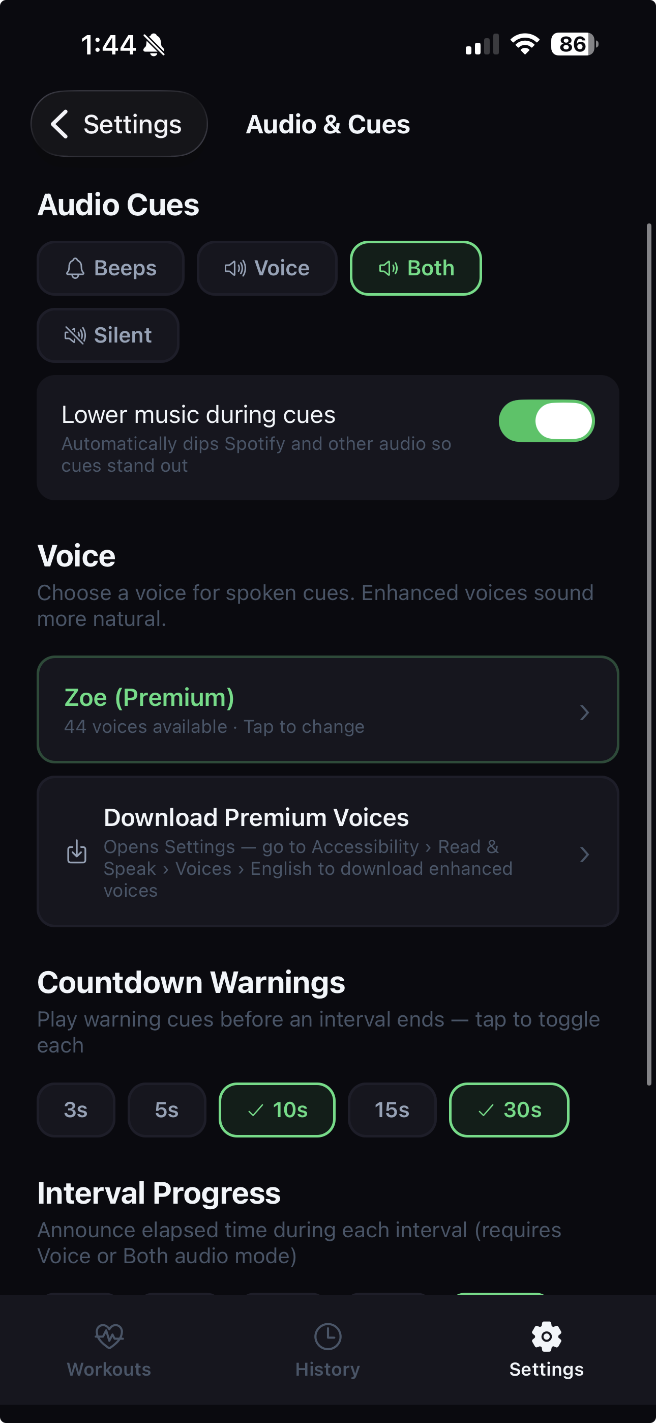 SplitCue audio settings showing voice selection and countdown warning configuration