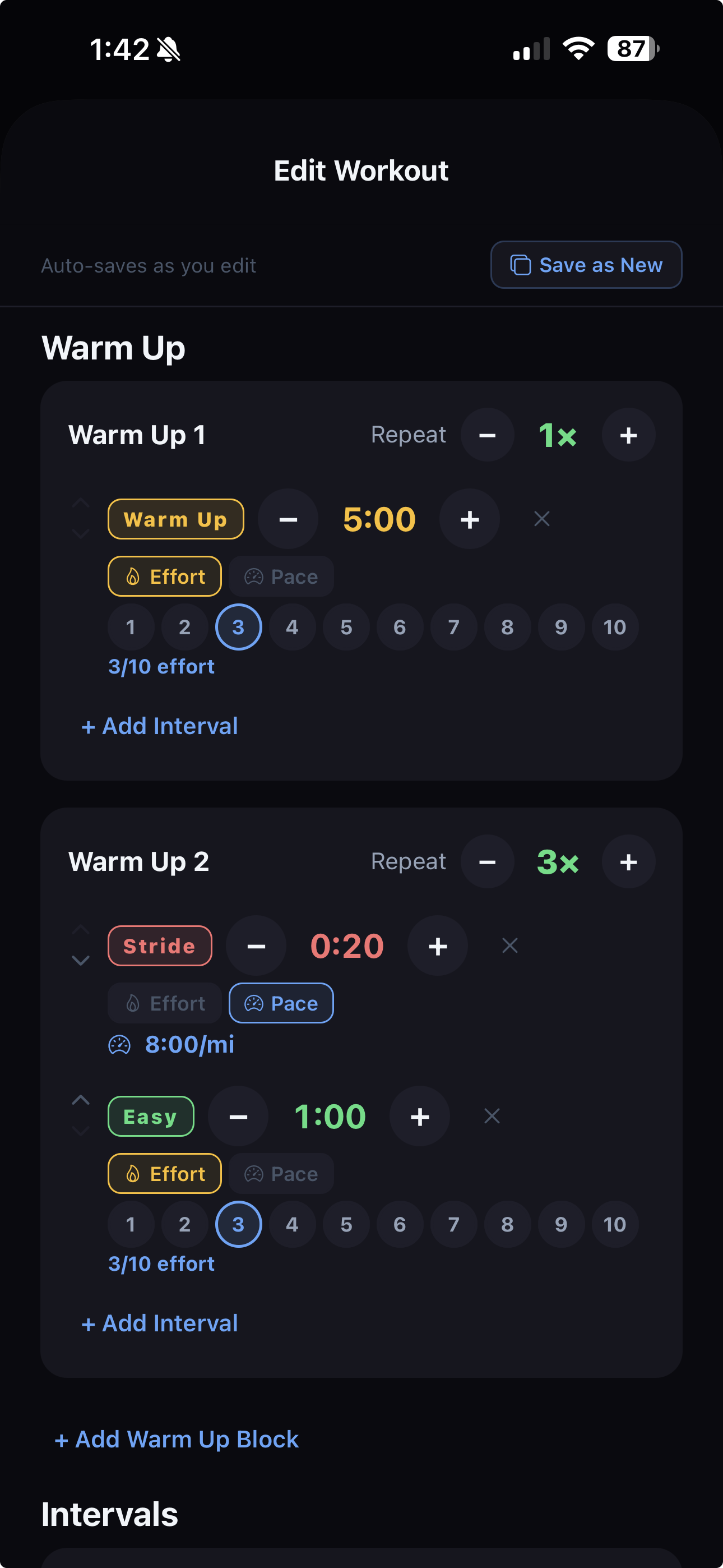 SplitCue workout editor with customizable intervals, effort, and target pace
