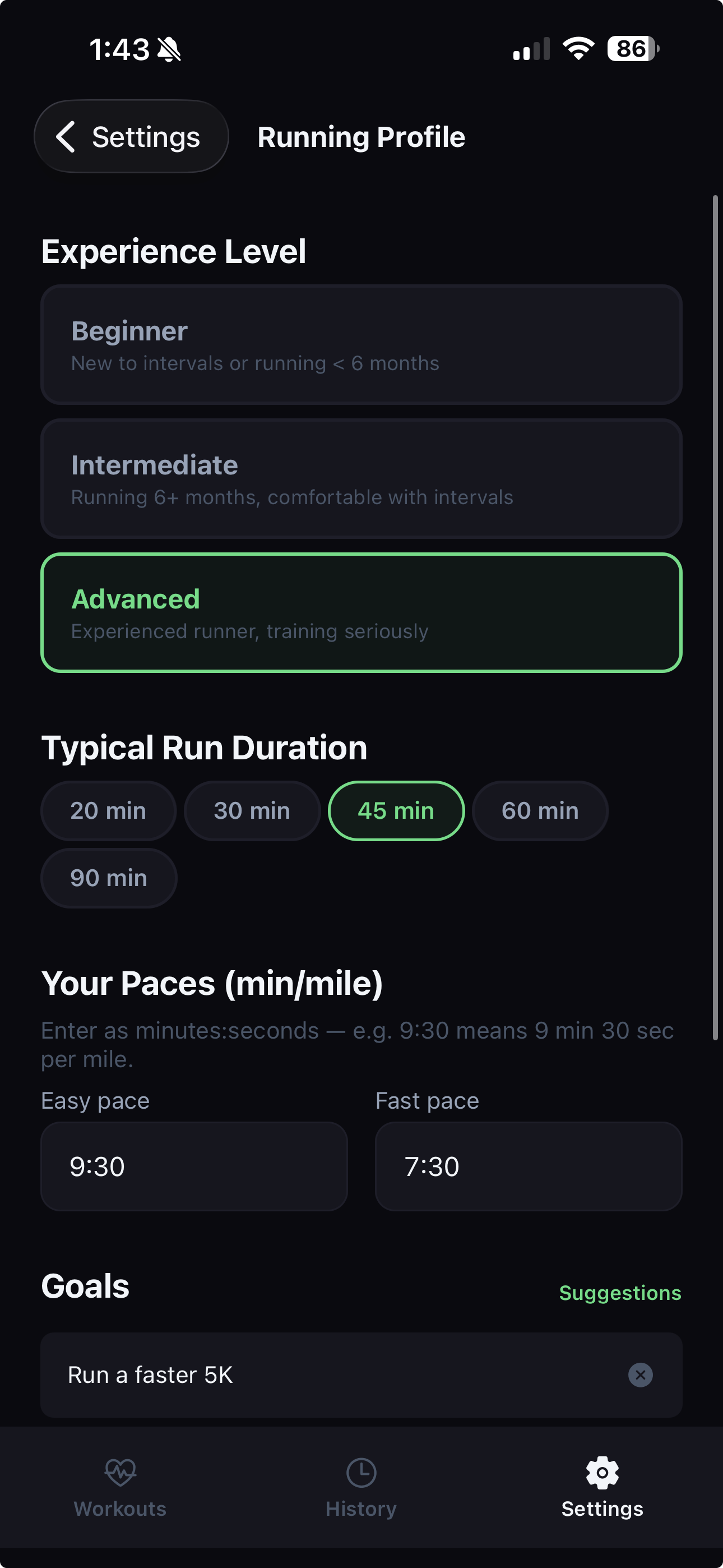 SplitCue running profile settings used by the AI builder for personalized workout generation