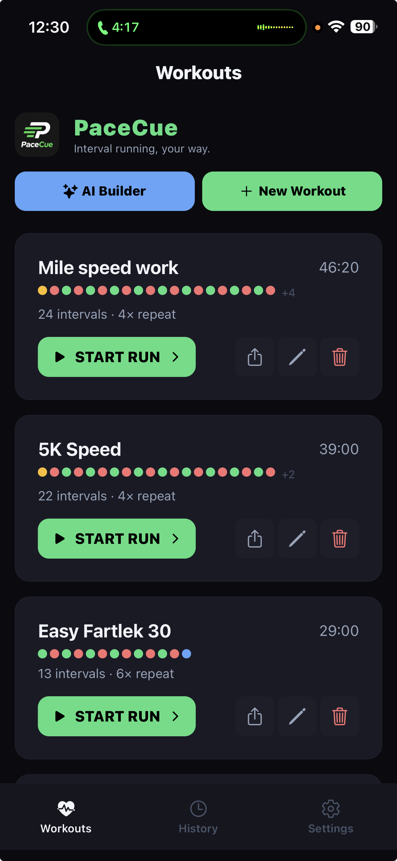 SplitCue workout list showing multiple interval workouts ready to start